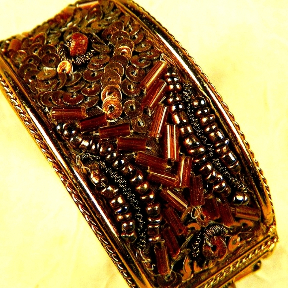 Vintage Beaded Hinged Cuff Bracelet Gold Boho Festival Statement Jewelry